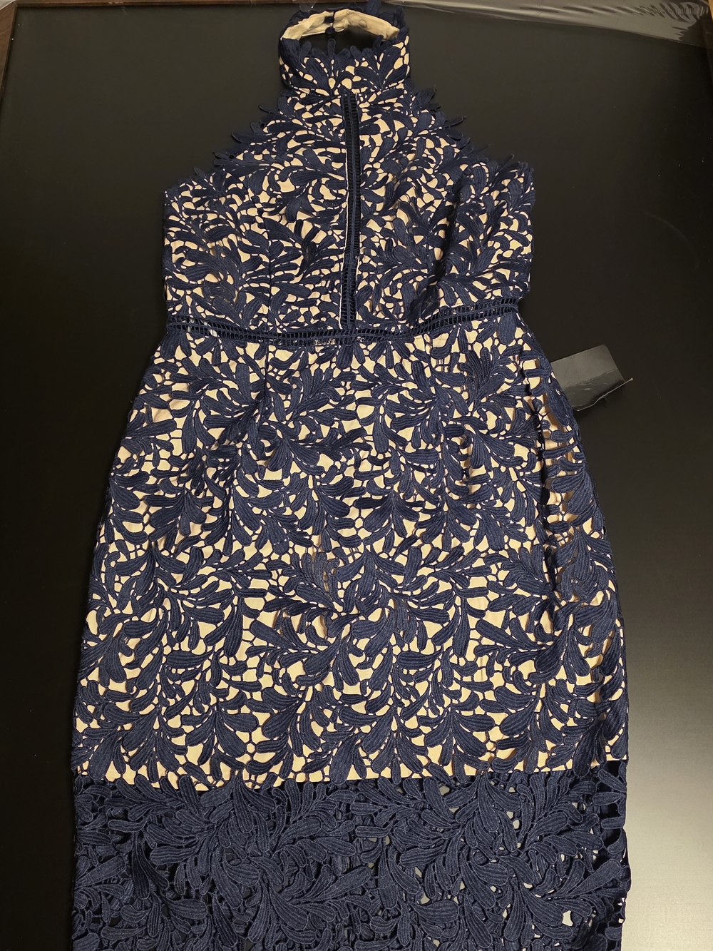 Lulu's Navy Lace Backless Halter Dress with Nude Lining